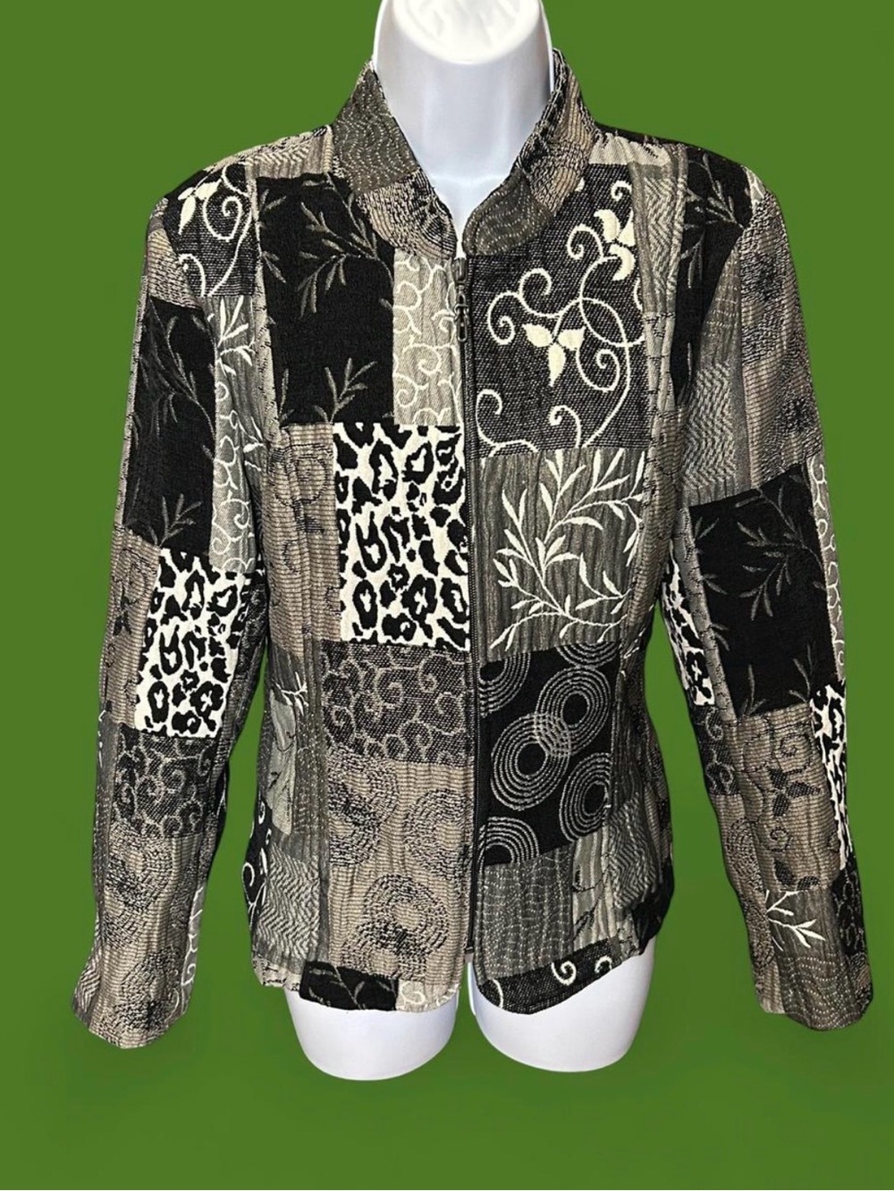 Vintage Y2K black and white tapestry-style patchwork jacket.